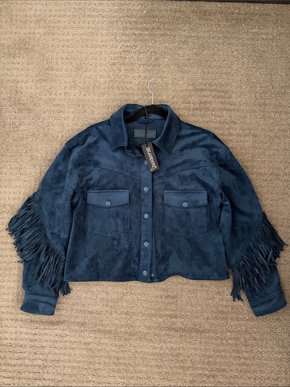 BlankNYC Navy Suede Fringe Jacket